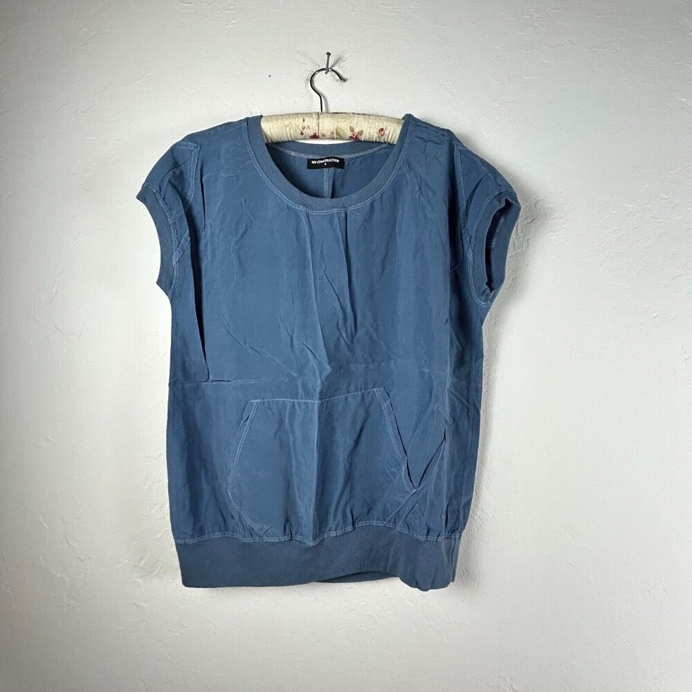 NU Construction Womens Small Blue Short Sleeves Scoop Neck Front Pocket Top